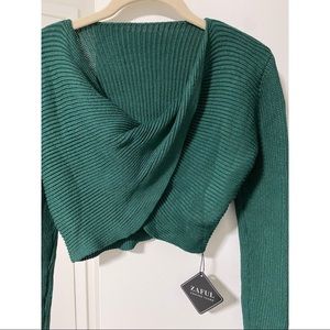 Zaful Forest Green Cropped Sweater V-Neck